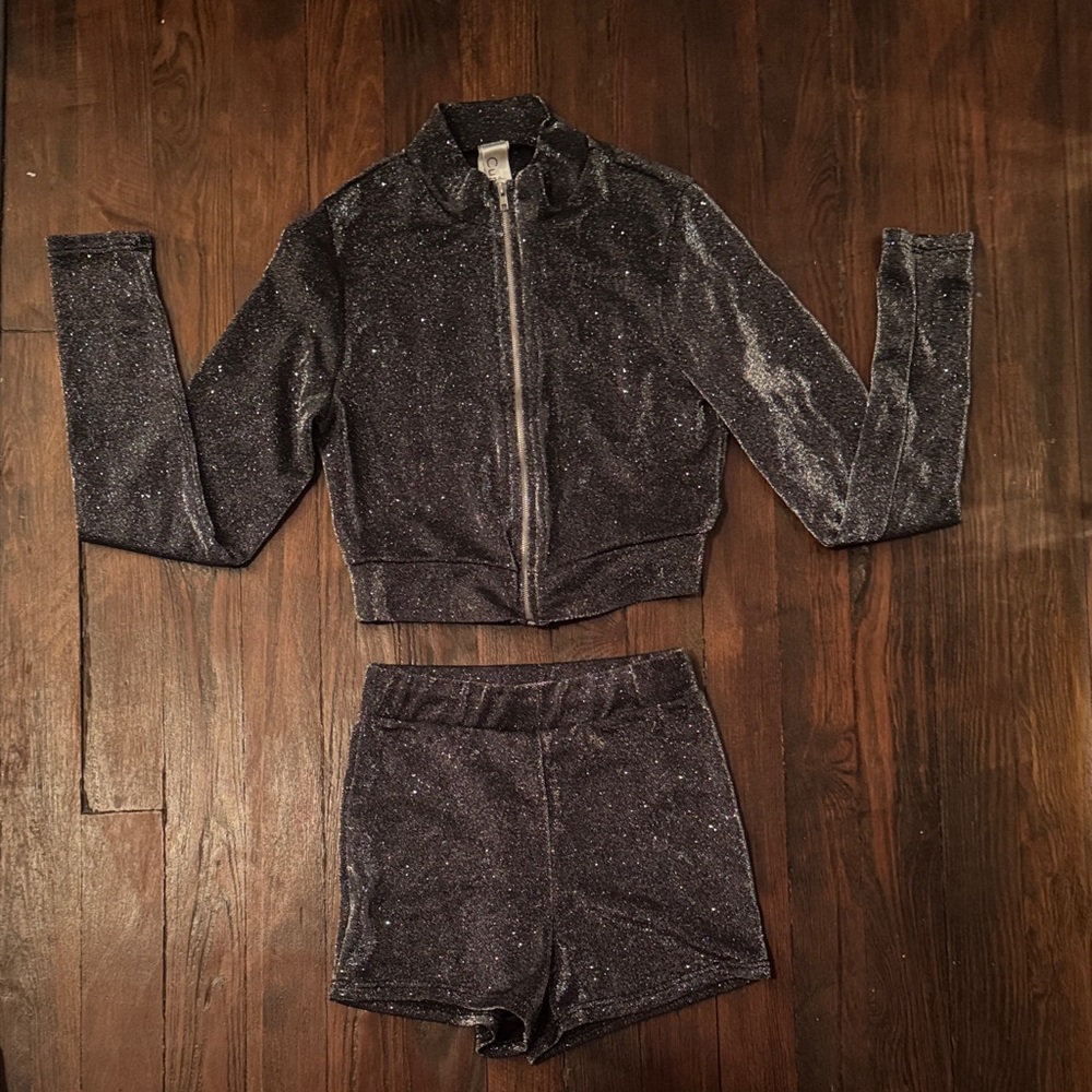 Sparkly Black Zip-Up Top and Shorts Set